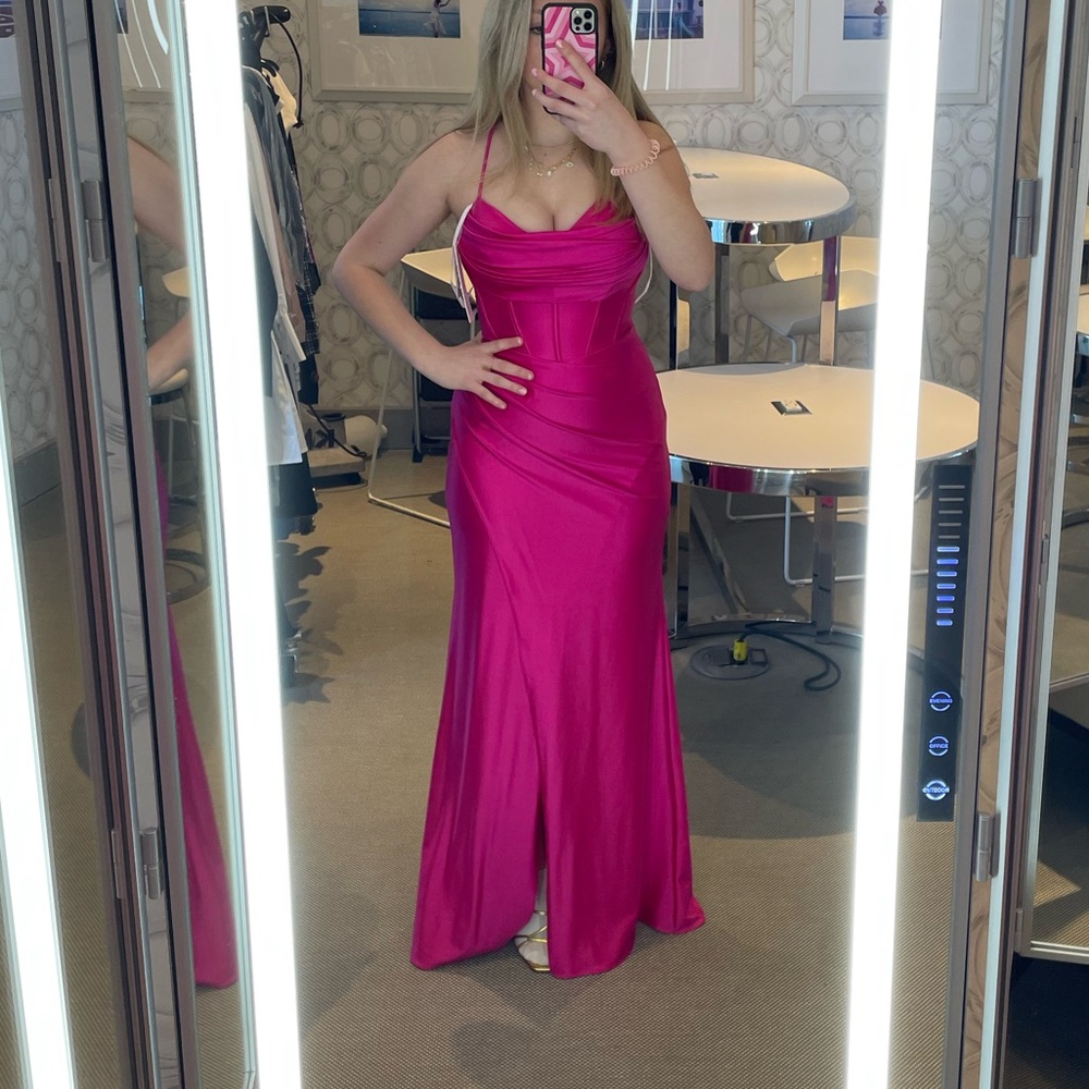 Aqua Fuchsia Satin Halter Prom Dress